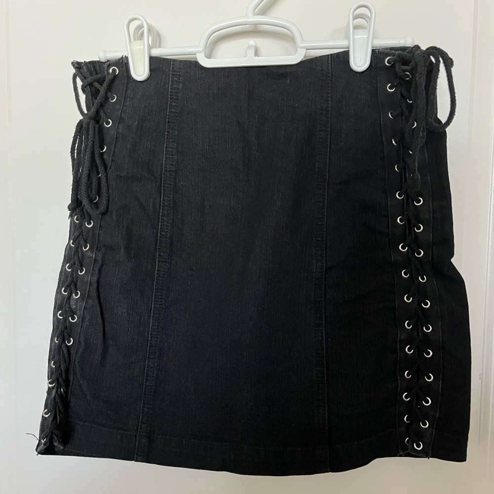 carmar black denim lace up mini skirt
